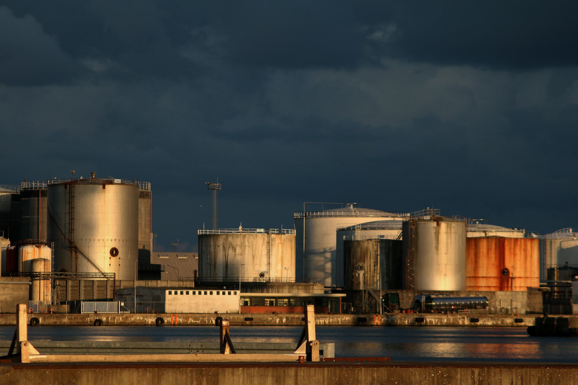 Storage tank farm at dusk